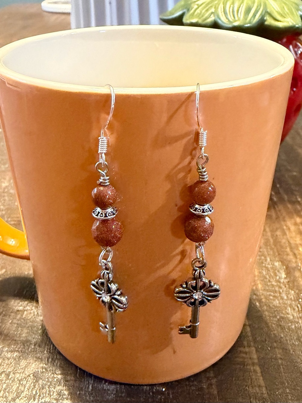 Brown Goldstone Drop Earrings with Silver Key Charms